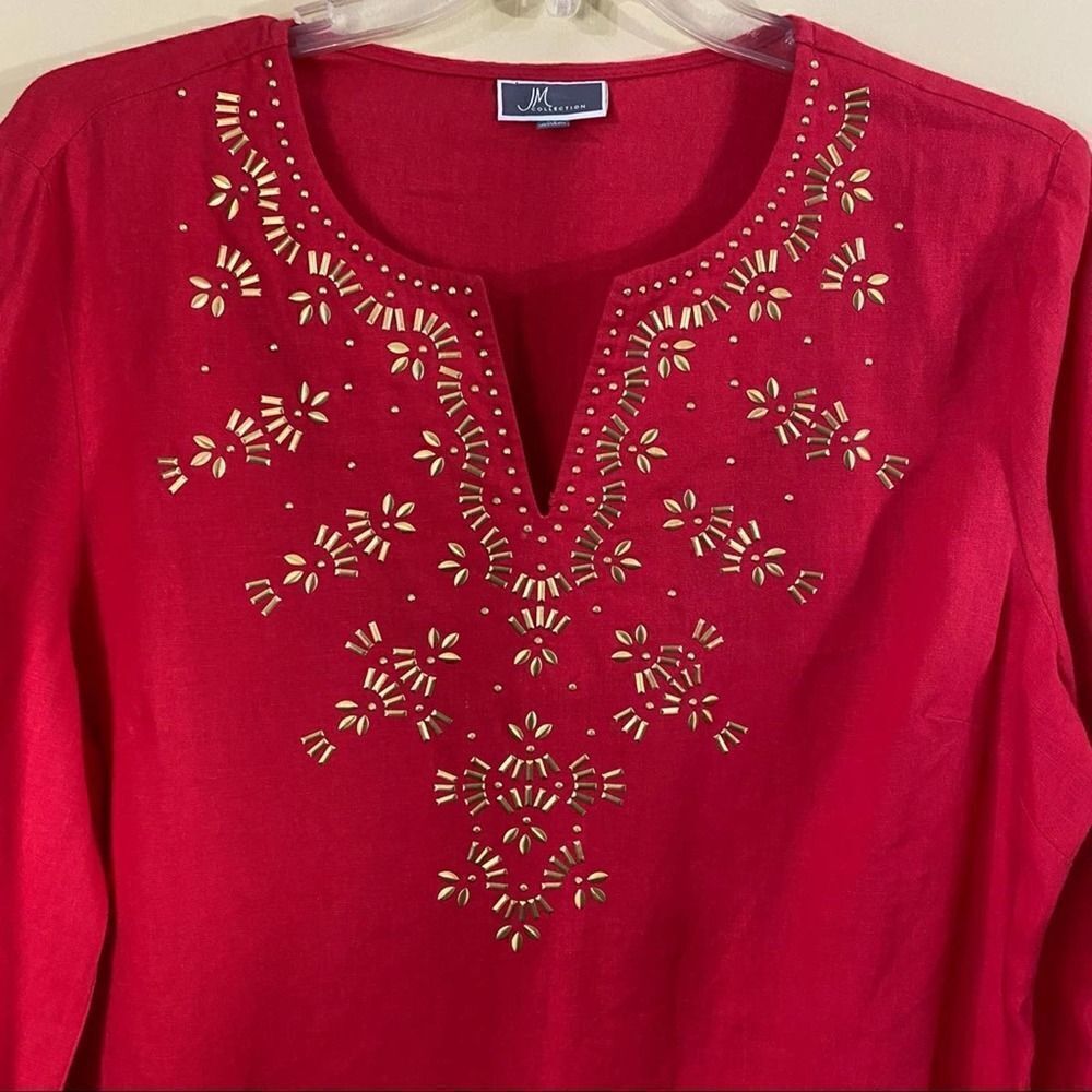 JM Collection Red/Orange Linen Tunic Top Size XL - Picture 2 of 6